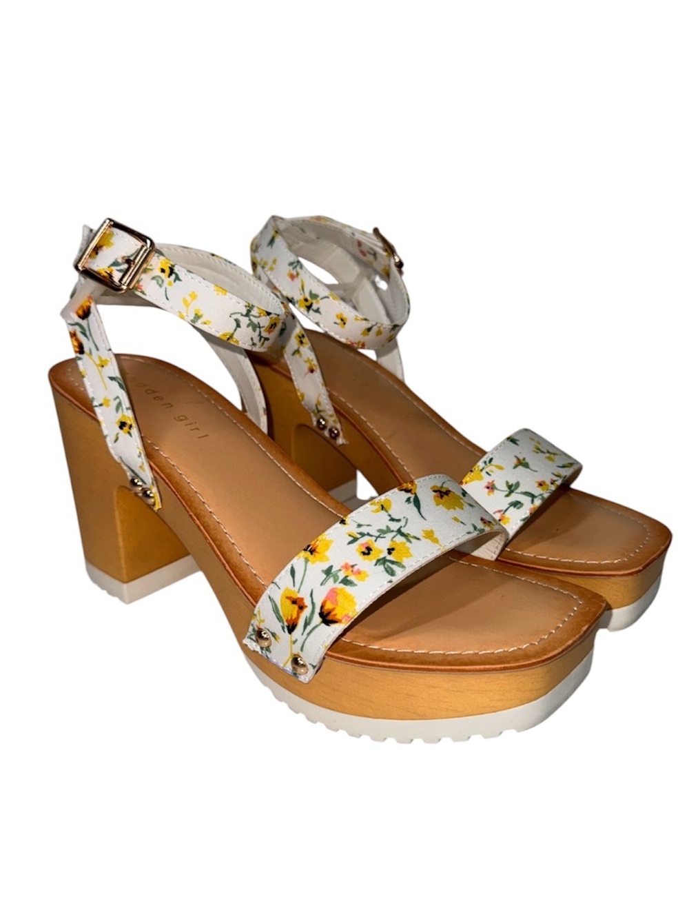 Madden Girl Caprise Block Heel Sandals Yellow White Floral Summer 7.5 Women’s